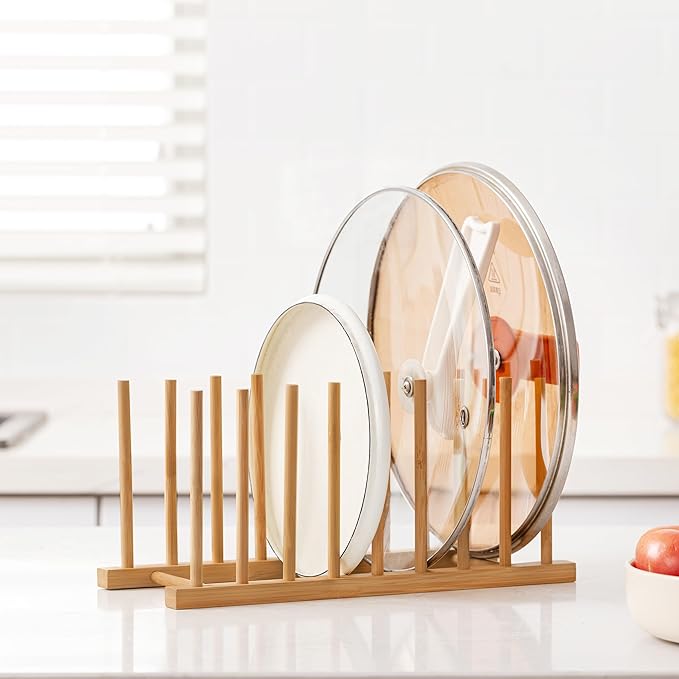 HBlife 4pcs Heighten and Widen Bamboo Dish Dying Rack Pot Lid Plate Organizer Holder for Cabinet, Cutting Board Stand Drainer Storage Plate Rack for Dish, Pot Lid, Bowl, Cup, Cutting Board and Books