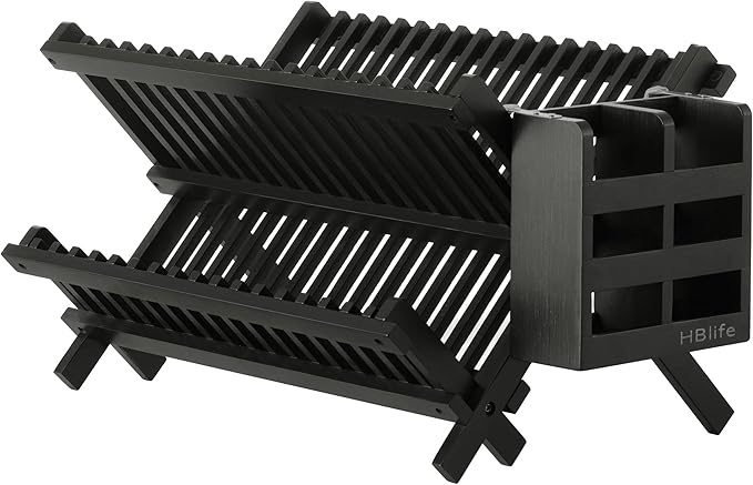 HBlife Dish Rack, Bamboo Folding 2-Tier Collapsible Drainer Dish Drying Rack with Utensils Flatware Holder Set (Dish Rack with Utensil Holder)