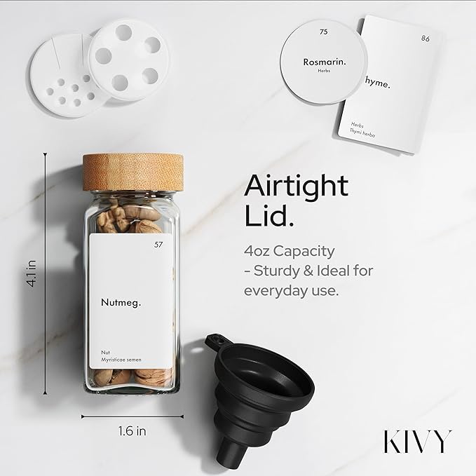 KIVY Spice Drawer Organizer with 24 Spice Jars & 240 Labels - Seasoning Rack for Organization - Kitchen Drawer Insert for Spice Jars - Glass Seasoning Jars with Airtight Lids - Glass Spice Jars Empty