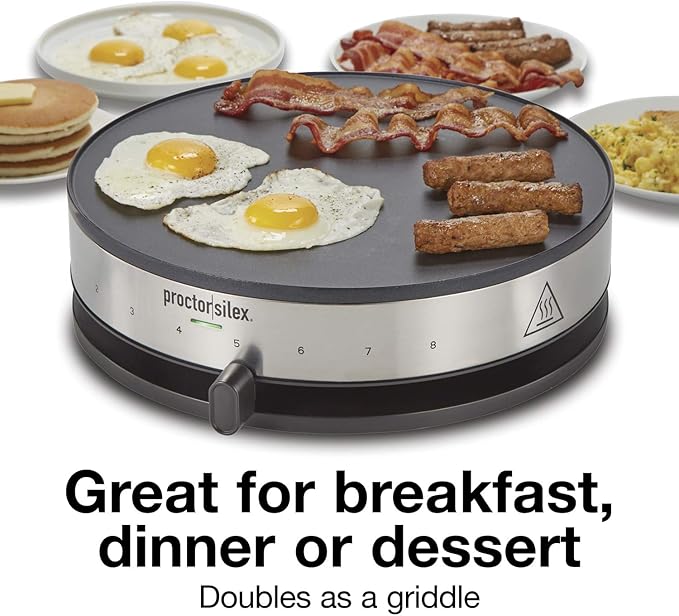 Proctor Silex Electric Crepe Maker with 13” PFAS-Free Nonstick Griddle for Eggs, Pancakes, Omelets and Quesadillas, with Temperature Control, Spatula, Spreader, Batter Cup, Stainless Steel (38400MN)