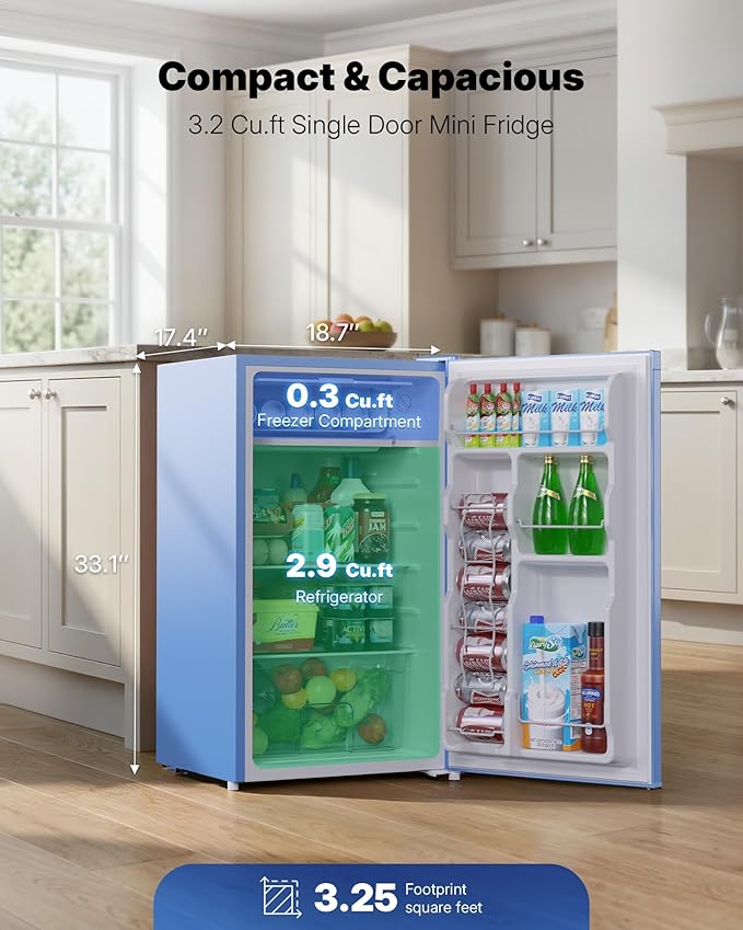 Upstreman 3.2 Cu.Ft Mini Fridge with Freezer, Single Door Mini Fridge, Dorm Fridge, Adjustable Thermostat, Mini Refrigerator for Bedroom, Office, Dorm, Blue-BR321