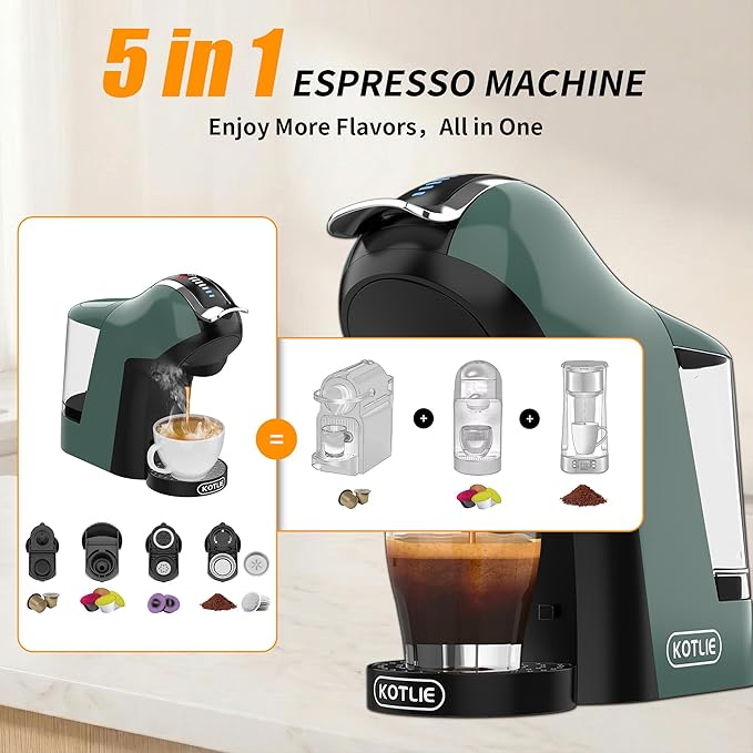 KOTLIE EM-308B Espresso Machine, Single Serve Coffee Maker Compatible with Multiple Capsule Types, Ground Coffee, and ESE Pods, 3 Temperatures, 7 Water Volume Levels, 34 Oz（Green）
