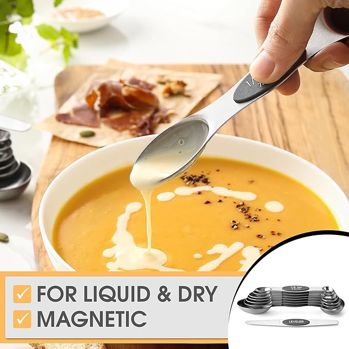 Spring Chef Heavy Duty Ice Cream Scoop with Comfortable Handle & Stainless Steel Magnetic Measuring Spoons with Leveler, Set of 8-2 Product Bundle - Gray
