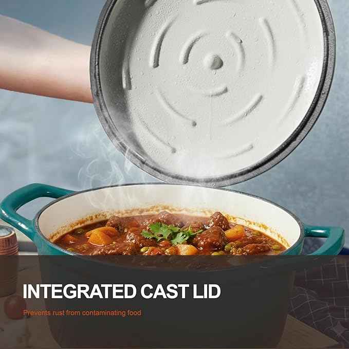 Overmont Enameled Cast Iron Dutch Oven - 5.5QT Pot with Lid Cookbook & Cotton Potholders - Heavy-Duty Cookware for Braising, Stews, Roasting, Bread Baking Bottle green