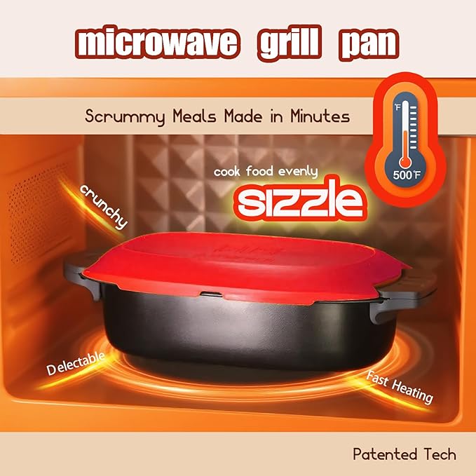 MKYSAIL Quick-Heat Microwave Egg Cooker and 33 OZ Microwave Grill Combo | 2-Piece Breakfast Maker Set for Grilling, Frying, Crisping Meat, Bacon, Pancakes & Veggies | Dishwasher Safe & Non-Stick for Kitchen RV, Dorm, Office(Red)