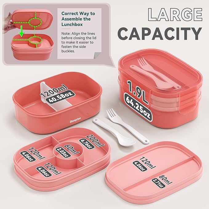 2 Layers Bento Box, All-in-One Stackable Lunch Container with Compartments, 64oz Leakproof Microwave Safe Dishwasher Safe Bento Box with Lunch Bag and Utensil Set for Kids and Adults