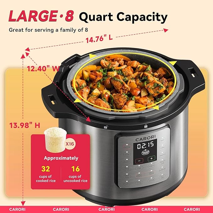 CARORI 1200W 12-in-1 Electric Pressure Cooker 8Qt, Stainless Steel Pressure Cooker, Slow Cook Rice Cooker Steamer Sauté, Yogurt Maker, Warmer & Sterilizer with Recipe, Safer Venting Design, Sliver
