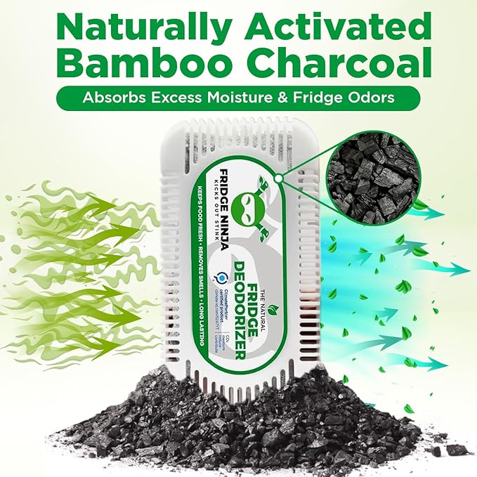 Fridge Ninja Fridge Deodorizer (2 Pack) - More Effective Than Baking Soda - Natural and Unscented Activated Charcoal Refrigerator Deodorizer and Odor Eliminator for Freezers, Coolers, and Lunch Boxes