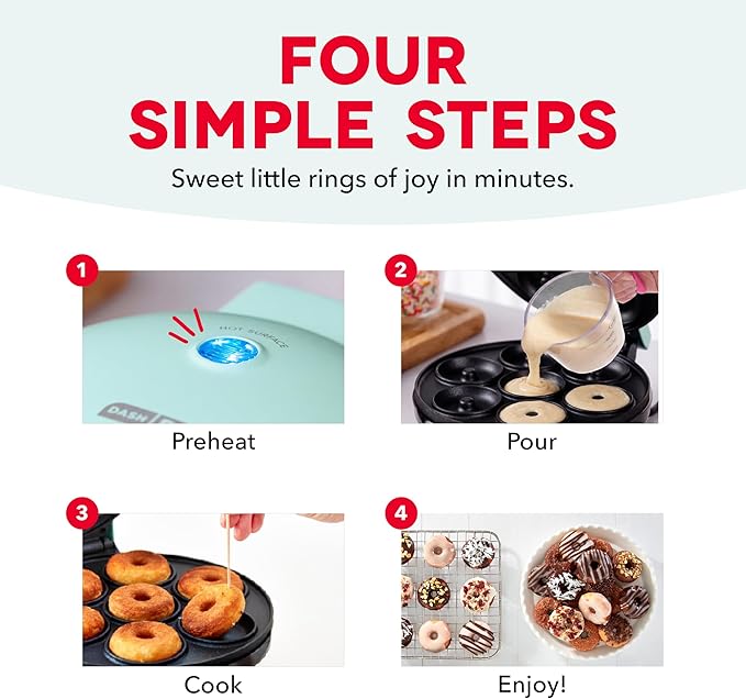 Dash Mini Donut Maker Machine for Kid-Friendly Breakfast, Snacks, Desserts & More with Non-stick Surface, Makes 7 Doughnuts, Donut Print