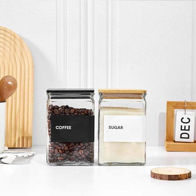 Glass Storage Jars with Bamboo Lids, 27oz Square Food Storage Containers for Kitchen Pantry Organization, Storage Canisters with Labels for Cereal Flour Beans Tea, Large Spice jars Seasoning Bottles