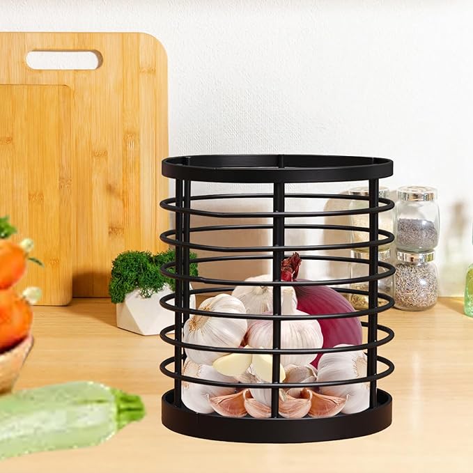 Utensil holder for Kitchen Counter - 5.2" x 5.2" x 6" Large Round Utensils Holder with Wooden Base Matte Black Cooking Utensil Holder，Kitchen countertop Utensil Organizer