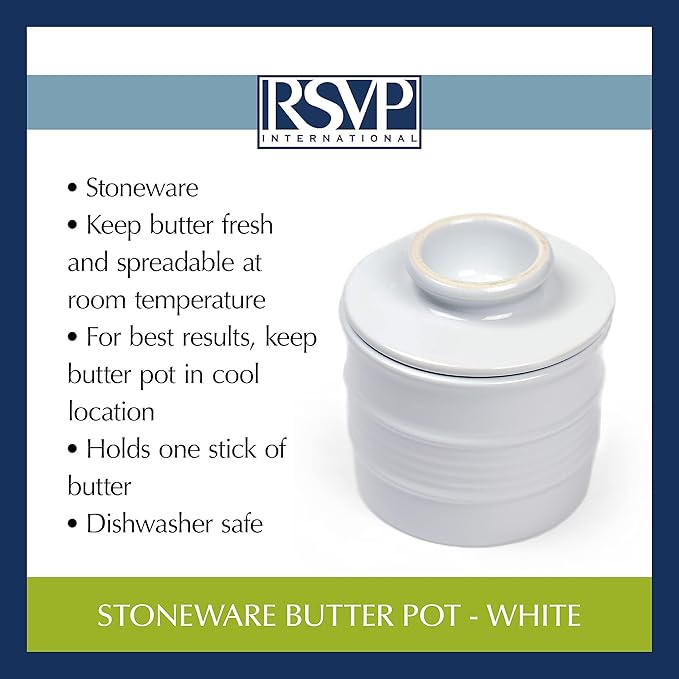 RSVP International Butter Pot 2 Piece, Dishwasher Safe, 3.5 x 3.5 x 4", White Stoneware
