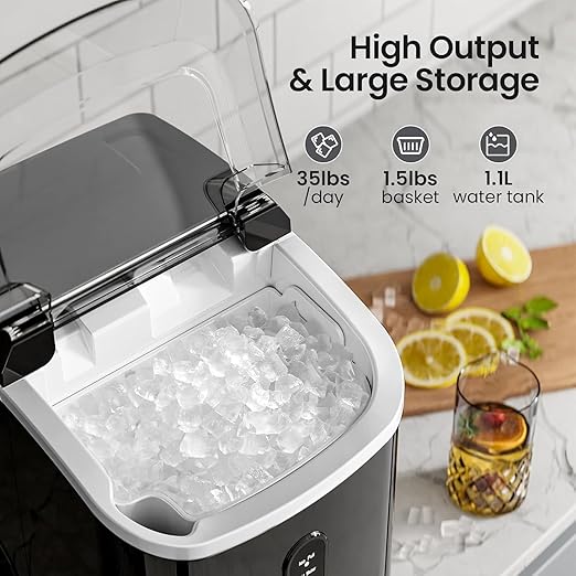 AGLUCKY Nugget Ice Makers Countertop,Portable Pebble Ice Maker Machine with Chewable Ice,One-Click Operation,Self-Cleaning for Home/Office(Black)