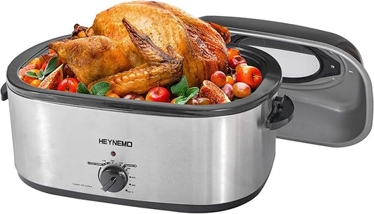18Qt Turkey Roaster Oven Buffet with Self-Basting Lid, 1450W Electric Roaster Pan with Cool-Touch Handles, Stainless Steel Roaster Oven with Removable Pan and Rack, Silver
