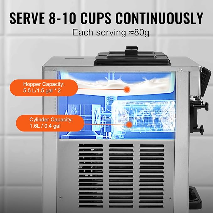 VEVOR Commercial Ice Cream Machine, 18-28 L/H Yield, 1850W 3-Flavor Countertop Soft Serve Ice Cream Maker, 2 x 5.5L Stainless Steel Cylinder, LED Panel Auto Clean Pre-cooling, for Restaurant Bars