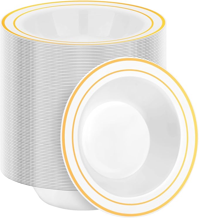 200 Pack Disposable Soup Bowls with Gold Rim, 12oz Premium Heavy Duty Plastic Dinner Bowls for Party, Wedding and Holiday