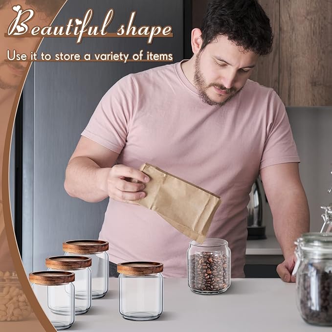 Irenare 16 Pack Glass Containers Canister Set, 17 oz Food Storage Spice Jars with Airtight Lids, Clear Kitchen Containers for Coffee Sugar Tea Beans Nuts Candy Pantry Organization (Wood)