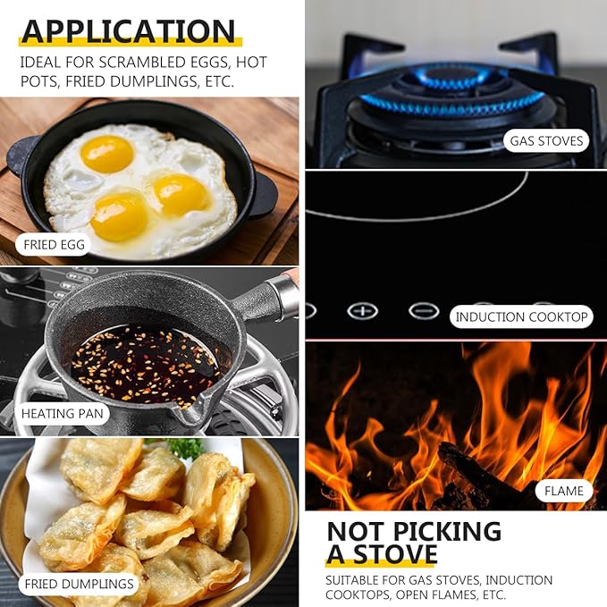 Cast Iron Pot, Egg Frying Pan Butter Warme Iron Oil Heating Pot with Wooden Handle for Kitchens Cooking, 4.3x10.8 Inch