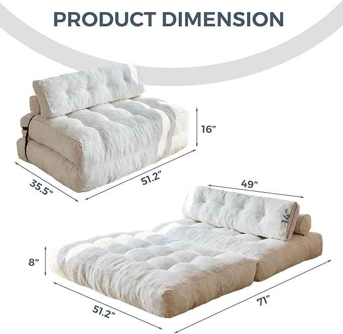 MAXYOYO Folding Sofa Bed, Convertible Sleeper Chair with Pilow Foldable Matress with Back Support, Portable Fold Out Chair Bed Comfy Floor Sofa Lounge for Living Room Bedroom, Beige, Double