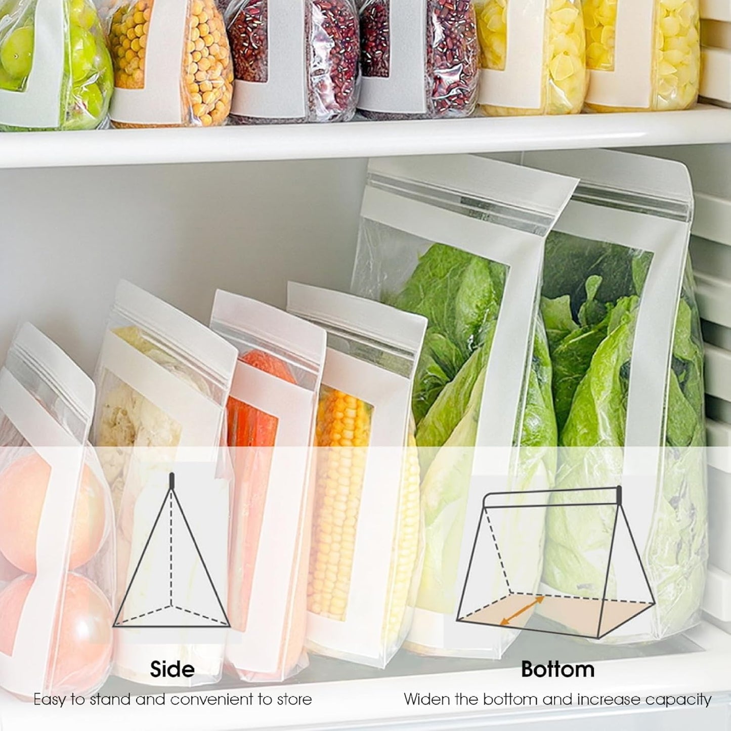 Reusable Freezer Bags 85PCS, Gallon Food Storage Bags with Stand & Label Leakproof Reusable Sandwich Bag for Kitchen, Vegetables, Snacks（Long style）
