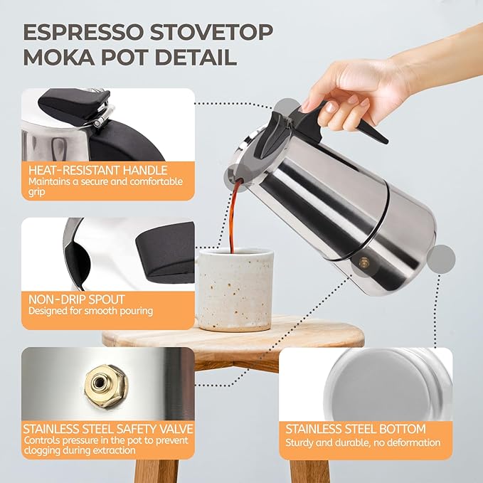 2 Cup 100ml Moka Pot Stainless Steel Espresso Coffee Maker Stovetop Coffeemaker Italian Classic Style Brewing Greca Cafe Mocha Machine for Cafeteras Lover Camping Travel and Home Use 3.3oz
