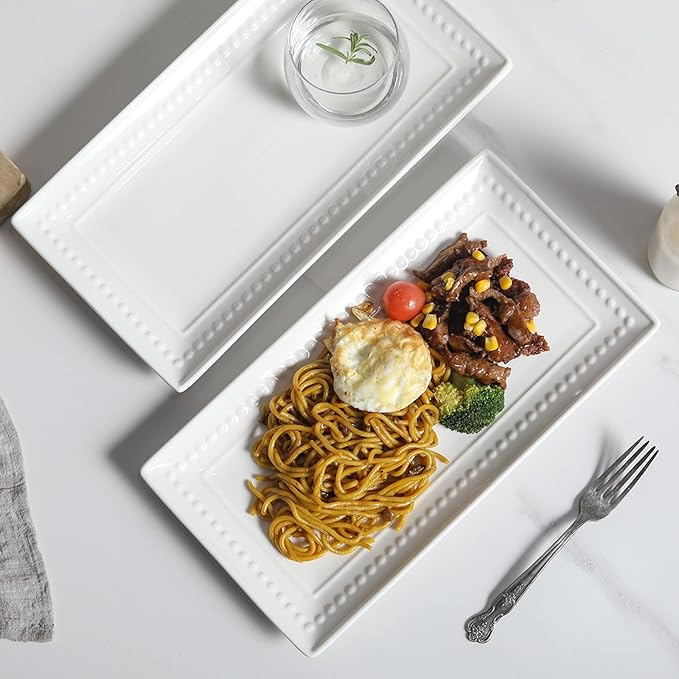14 inch Ceramic Serving Platter - Rectangular Serving Trays Set of 4, Large Embossed Plates, Porcelain White Platters for Steak, Appetizer, Dessert, Tacos, Housewarming, Oven Dishwasher Safe