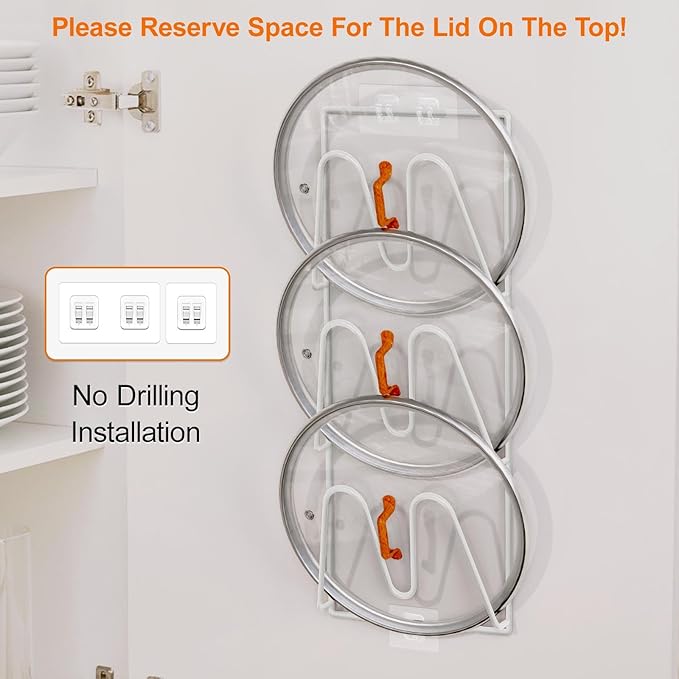 Durmmur 2 Pack Pot Lid Organizer Rack, 6-Tier Pot Lids Holder for Cabinet Door/Wall, No Drilling Adhesive Wall/Door Mounted Rustproof Pot and Pan Cover for Kitchen Storage, White
