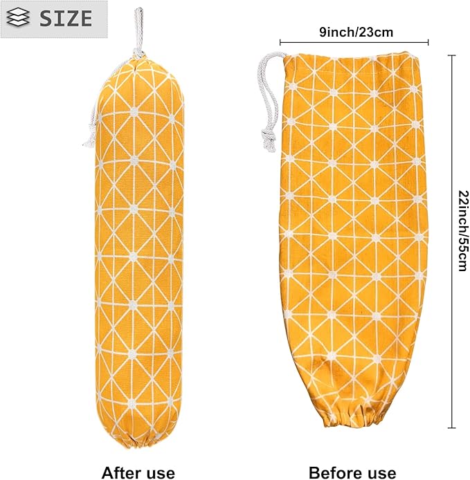 SYIPO Plastic Bag Holder Shopping Bags Carrier, Washable Large Grocery Bag Storage Dispenser for Home Kitchen Travelling, Free Adjustment with Drawstring, Yellow, 22x9