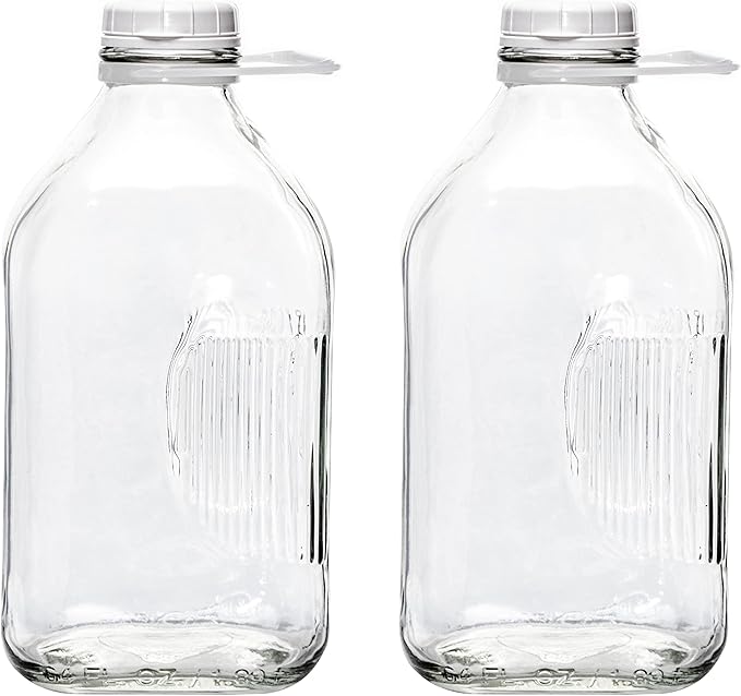 The Dairy Shoppe Glass Milk Bottle, Heavy Glass with 48 mm Extra Lid, Creamery Style (64 oz/2 pk, Half Gallon)