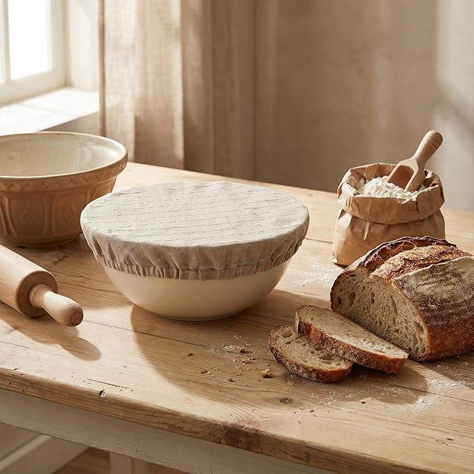 100% Pure Linen Bowl Covers For Bread Proofing, 2 Pcs 10 Inches Elastic Reusable Bowl Covers Large Ticking Striped Cloth Fabric Stretch Sourdough Lids