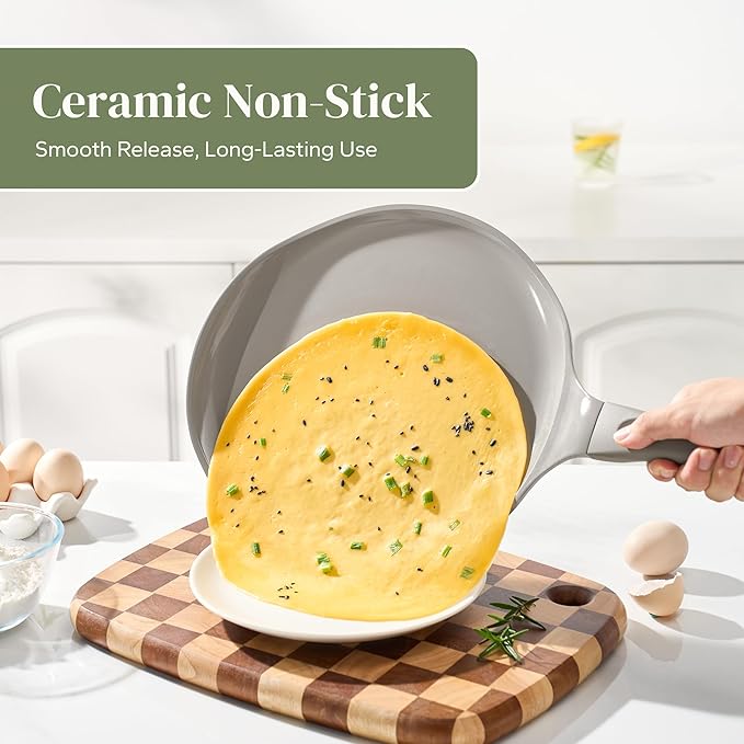 Redchef Nonstick Crepe Pan Nonstick 12 Inch with Ceramic Coatingg, Non Stick Flat Skillet, Professional Pancake Griddle Pan, Induction Compatible, PFAS/PFOA/PTFE Free, Stay-Cool Handle (Gray)