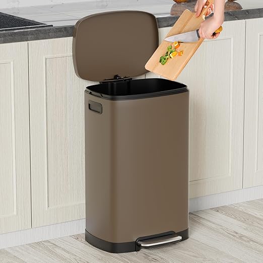 KdbK 13 Gallon Trash Can with Lid, 50L Fingerprint Proof Stainless Steel Kitchen Trash Can with Removable Inner Bucket and Lid Soft Close, Pedal Rubbish Bin for Home Office, Brown