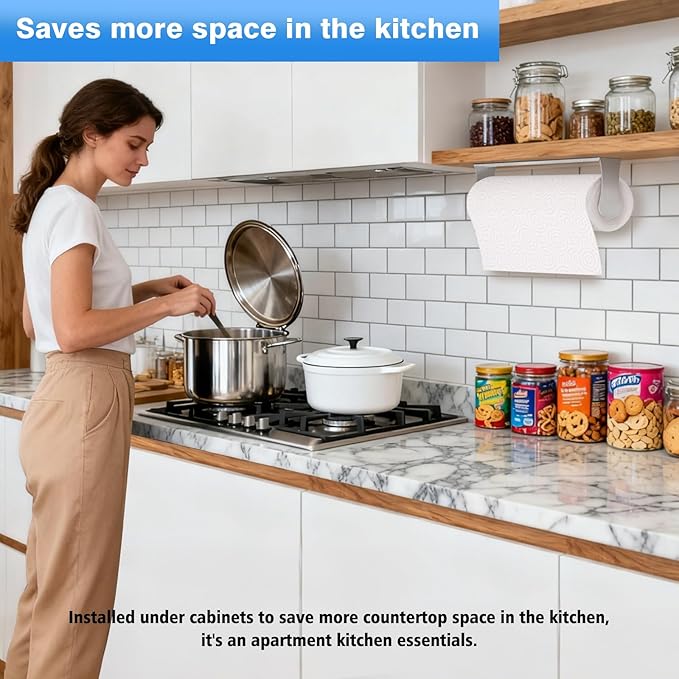 Paper Towel Holder Under Cabinet, Stainless Steel, Silver, Adhesive & Wall Mount, Under Counter Paper Towel Rack for Kitchen and Bathroom, Home and Kitchen Decor