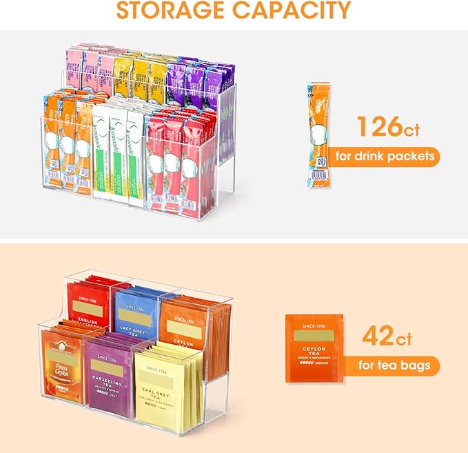 AIEVE Drink Packet Organizer, 2-Tier Water Flavor Packet Holder for Pantry Storage, Acrylic Drink Mix Organizer Hydration Powdered Mixes Holder Container for Cabinet Kitchen Storage