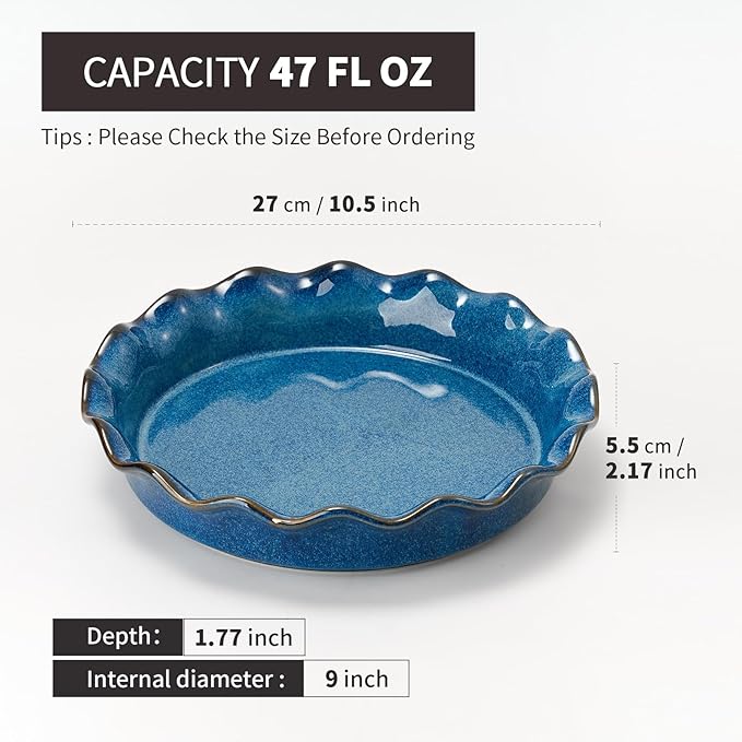SIDUCAL Ceramic Pie Pan for Baking,Reusable NonStick Ceramic Pie Plate with Ruffled Edge,Deep and Fluted Pie Dish for Apple Pie,Quiche,Pot Pies, Tart, etc (Active Blue, 10.5 INCHES)