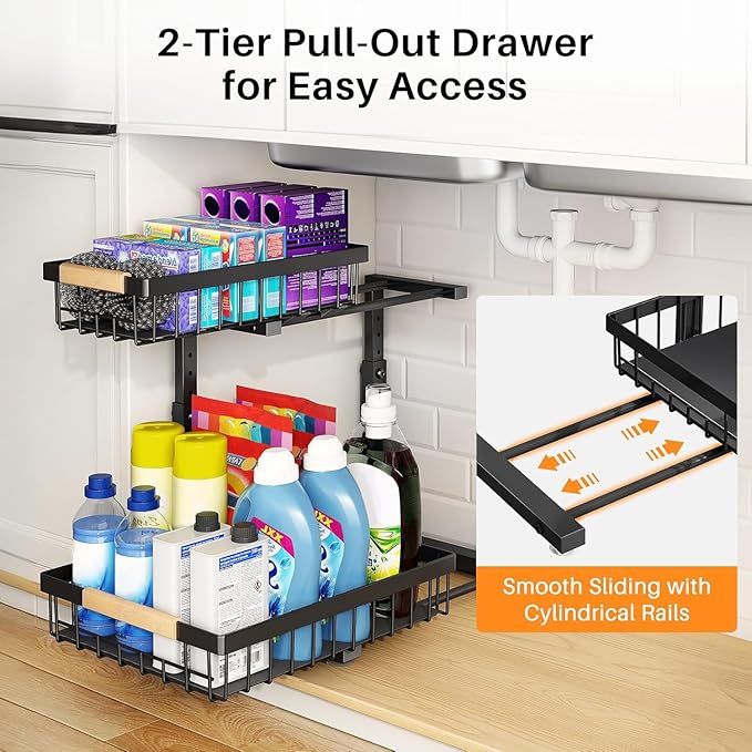 PXRACK 2 PACK Under Sink Organizer,Adjustable Height,2 Tier Pull Out Under Cabinet Organizer,Thickened Metal Shelf,Slide Out Under Sink Storage for Kitchen Bathroom Cabinet Laundry