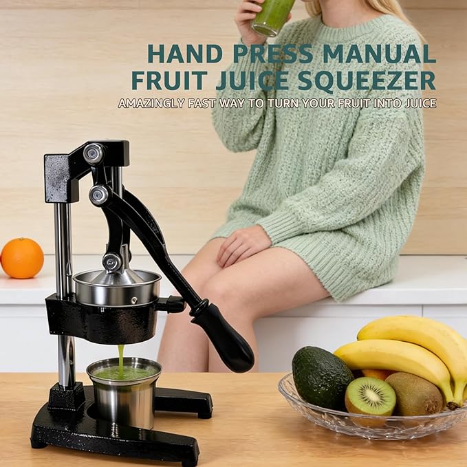 Commercial Heavy Duty Manual Citrus Juicer Press - Professional Cast Iron Hand Orange Squeezer with 304 Stainless Steel Strainer & Cup - Fruit Extractor for Pomegranate, Lemon, Lime - Black