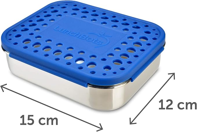 LunchBots Medium Trio II Snack Container - Divided Stainless Steel Food Container - Three Sections for Snacks On the Go - Eco-Friendly, Dishwasher Safe, BPA-Free - Stainless Lid - Blue Dots