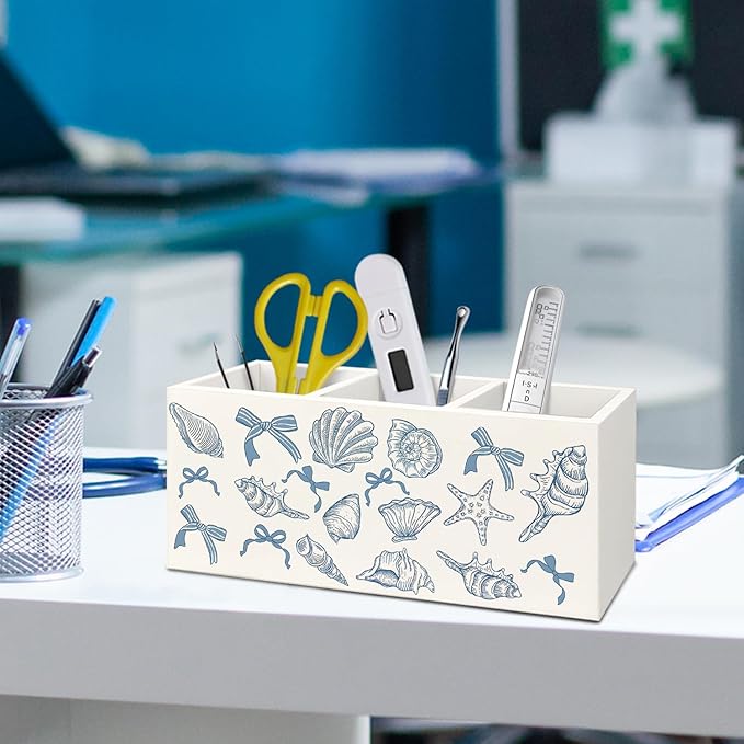 Coquette Blue Seashell Coastal Beach Wooden Utensils Holder, Preppy Nautical Beachy Sea Shell Wood Cooking Utensil Holder Organizer for Kitchen Countertop Counter Decor Accessories