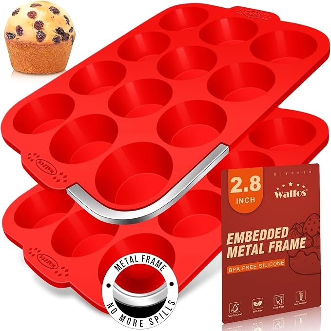 Walfos Silicone Muffin Pan with Metal Frame, 2.8 Inch Regular Size Silicone Cupcake Pan Muffin Tin, Non-Stick 12 Cups Egg Bites Molds for Baking, BPA Free, Dishwasher Safe, 2 Pack