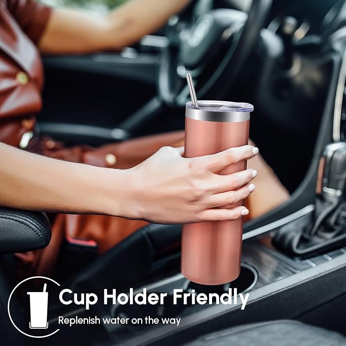Volhoply 20 oz Skinny Tumbler with Lid and Straw, Stainless Steel Straight Tumblers Cup, Vacuum Insulated Coffee Mug for Home, Office, Travel, DIY (Rose Gold,1 Pack)