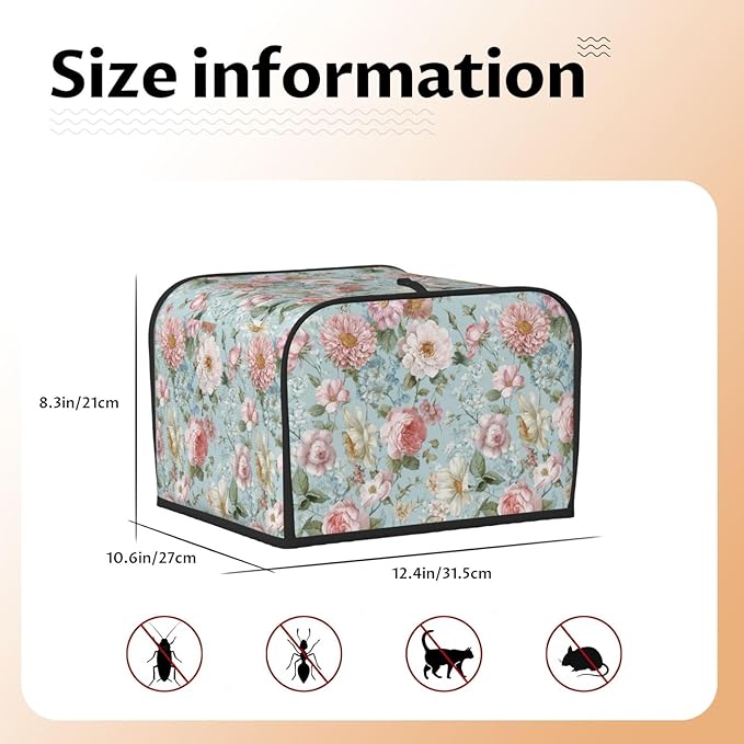 Toaster Cover 4 Slice Flower Vintage Peony Floral Kitchen Small Appliance Covers with Pockets Dust and Fingerprint Protection