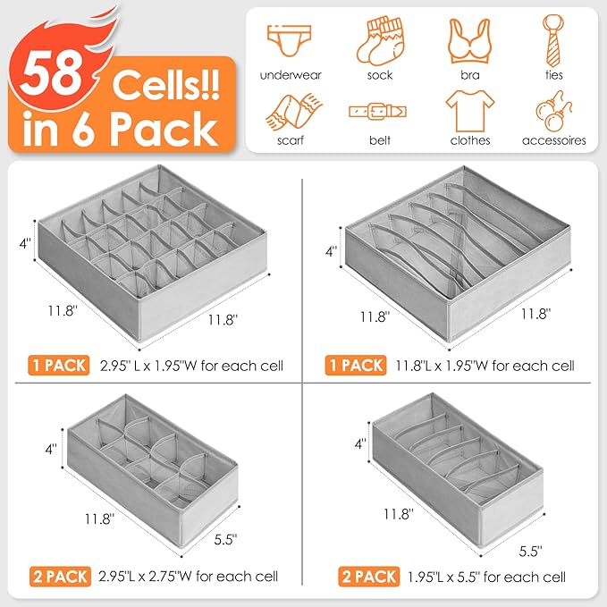 Criusia 6 Pack Sock Underwear Drawer Organizer Dividers, 58 Cell Foldable Fabric Dresser Closet Organizers and Storage Bins for Clothing, Baby Clothes, Bra, Panty, Scarf, Ties (Grey)