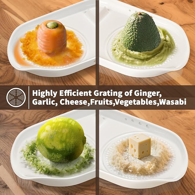 WhiteRhino 4 in 1 Ceramic Garlic Grater with Egg Cracker,Spoon Rest and Herb Stripper, Ginger Grater Plate for Grinding Wasabi Fruits Vegetables Ginger Garlic Cheese(6.76inx3.7in)