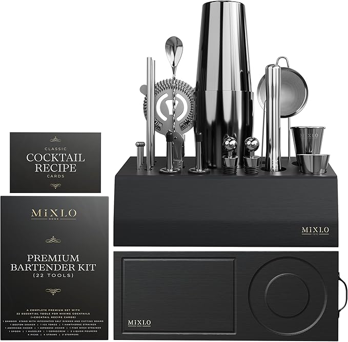 Mixology Bartender Kit - 22Pcs Bar Set Cocktail Shaker Set w Black Bar Cart Accessories Stand - Shakers Bartending Gun Metal Black Tools, 24oz Shaker, 17 Recipe Cards, Martini Barware