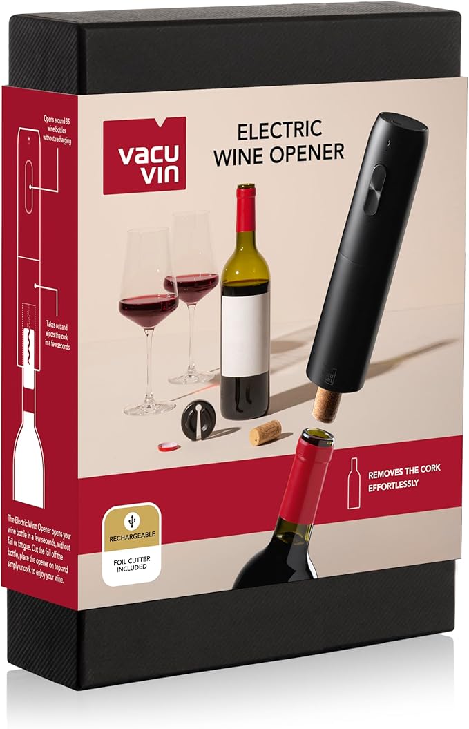 Vacu Vin Electric Wine Opener – Automatic Corkscrew with USB Charging – One-Touch Operation – Opens Bottles Effortlessly – Rechargeable Wine Opener for Cork and Synthetic Corks