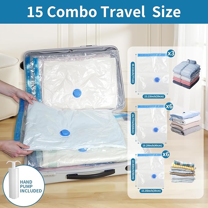 Travel Vacuum Storage Bags with hand Pump,15 Pack Compression Bags for Clothes, Space Saver for Luggage & Carry-on Suitcase, Leak-Proof