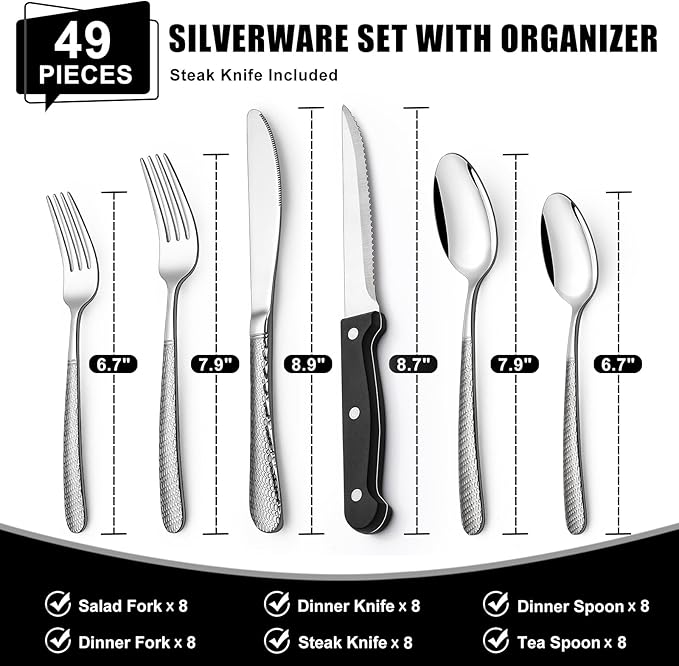 49-Piece Hammered Silverware Set with Organizer, Food-Grade Stainless Steel Flatware for 8, Cutlery Utensil Sets with Steak Knives, Rust-proof, Mirror Polished, Dishwasher Safe, Round Hammered