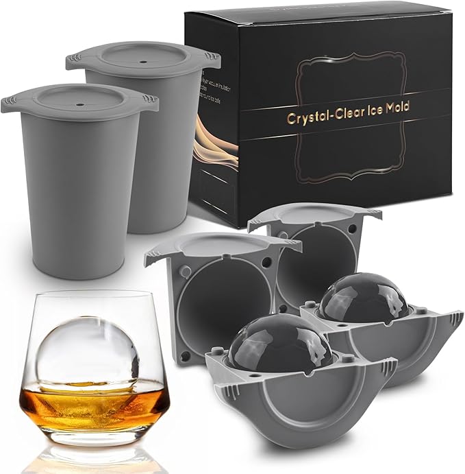 Clear Ice Cube Maker, 2.5" Easy-Release Sphere Ice Maker, Stainless Steel Clear Ice Maker (Gray, 2 PACK)