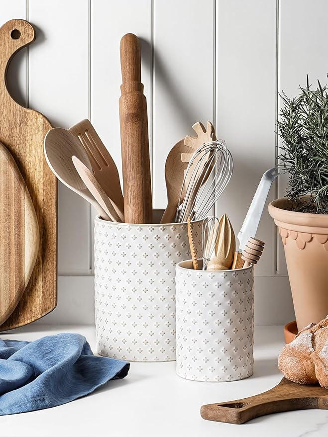 LE TAUCI Utensil Holder for Kitchen Counter - 7.1"+5.4" Ceramic Kitchen Utensil Holder Set of 2, Large Cooking Utensil Crock & Organizer for Spatula, Spoon - Embossed Kitchen Decor, White,Clover